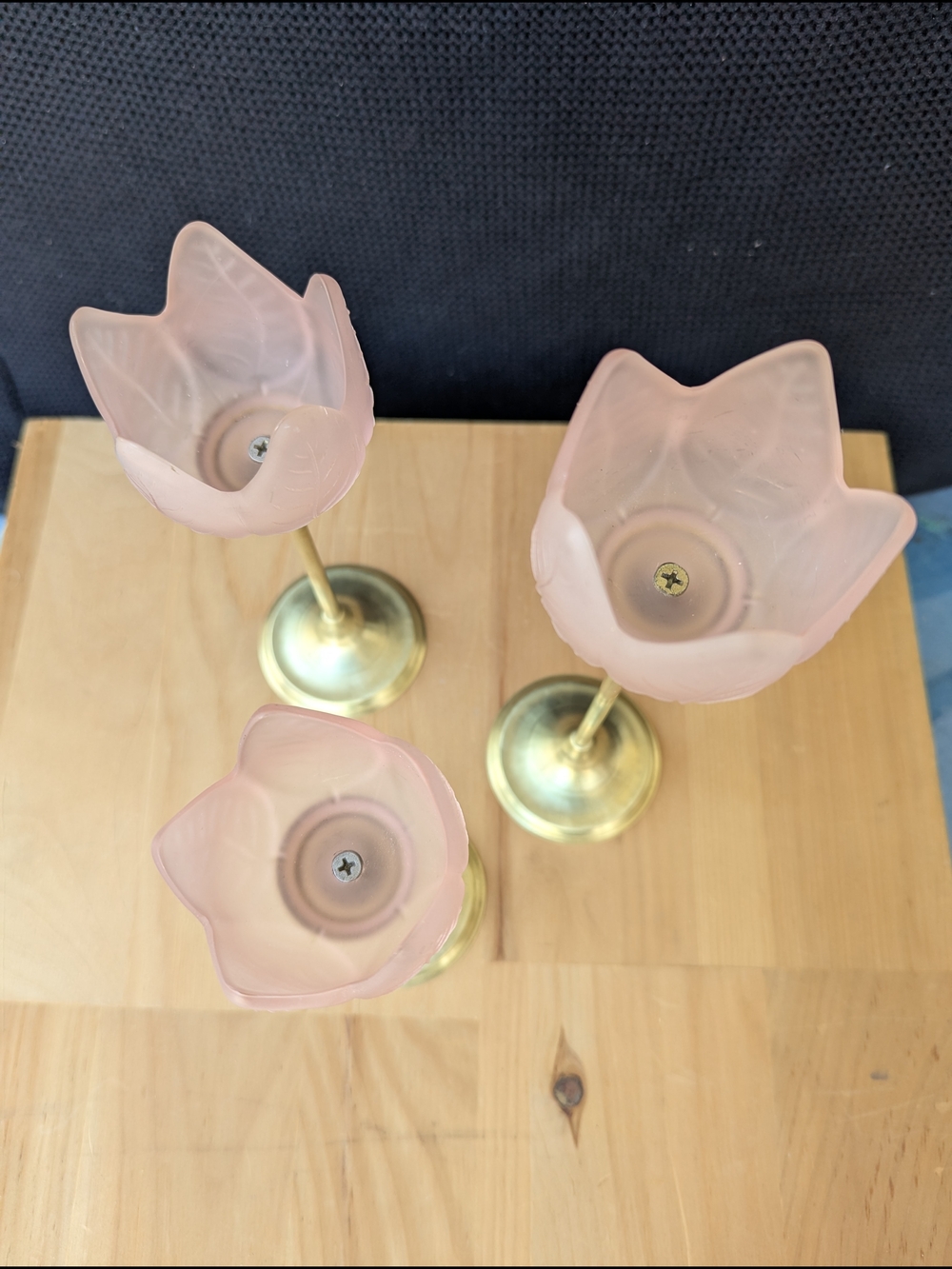 Rose Pink Tulip Glass Candle Holders with Brass Stands - Picture 4 of 8